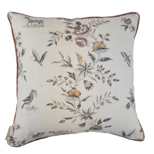 Florence & Joy Collection, Abigail Cushion, made using a fabric with butterflies, birds and flowers.
