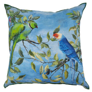 Designers guild, Mayani Azure feature exoctic birds and green piping